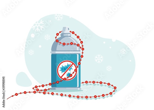 Colorful vector illustration of a sanitizer. Entry into the winter season and celebrating winter holidays amid the coronavirus epidemic. Covid-19 prevention by using antiseptics