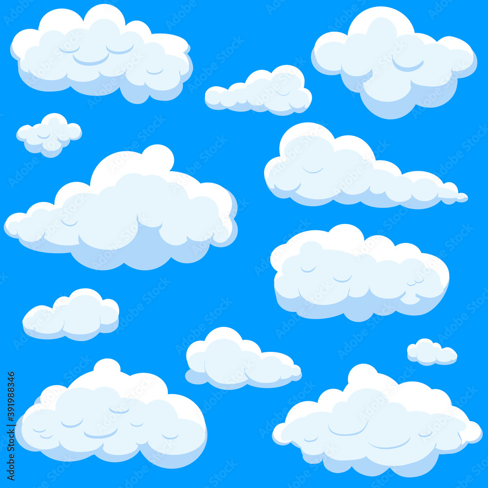 White cartoon clouds set isolated on blue background. Collection of different cartoon clouds for background template, wallpaper and sky design. Cartoon clouds vector. Sky illustration