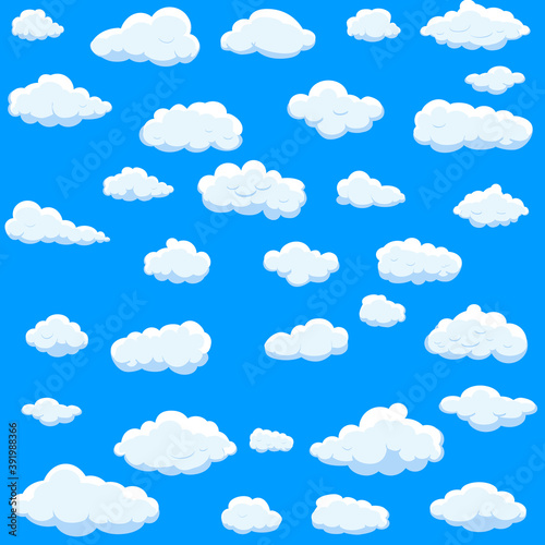 Fototapeta Naklejka Na Ścianę i Meble -  White cartoon clouds set isolated on blue background. Collection of different cartoon clouds for background template, wallpaper and sky design. Cartoon clouds vector. Sky illustration