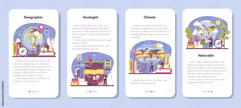 Geographer mobile application banner set. Studying the lands