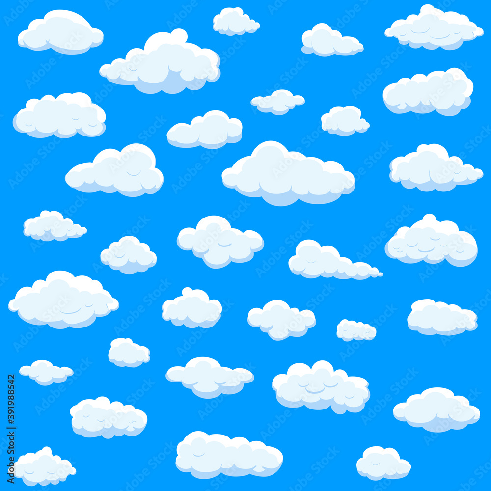 White cartoon clouds set isolated on blue background. Collection of different cartoon clouds for background template, wallpaper and sky design. Cartoon clouds vector. Sky illustration White cartoon clouds set isolated on blue background. Collection of different cartoon clouds for background template, wallpaper and sky design. Cartoon clouds vector. Sky illustration