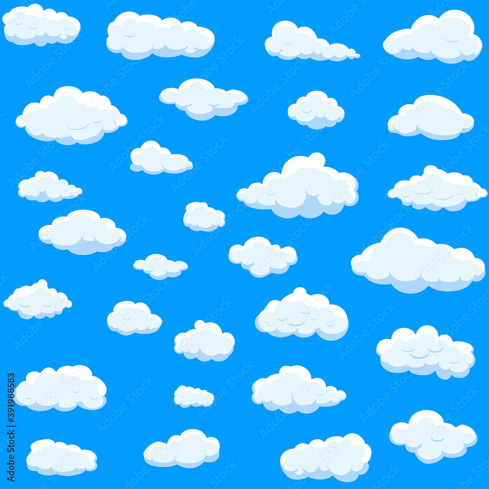 White cartoon clouds set isolated on blue background. Collection of different cartoon clouds for background template, wallpaper and sky design. Cartoon clouds vector. Sky illustration White cartoon clouds set isolated on blue background. Collection of different cartoon clouds for background template, wallpaper and sky design. Cartoon clouds vector. Sky illustration