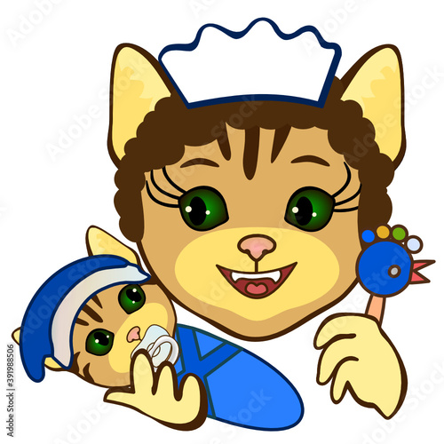 cool cat mom or nanny in a white cap stands and holds in her arms a baby and a rattle on a isolated background 