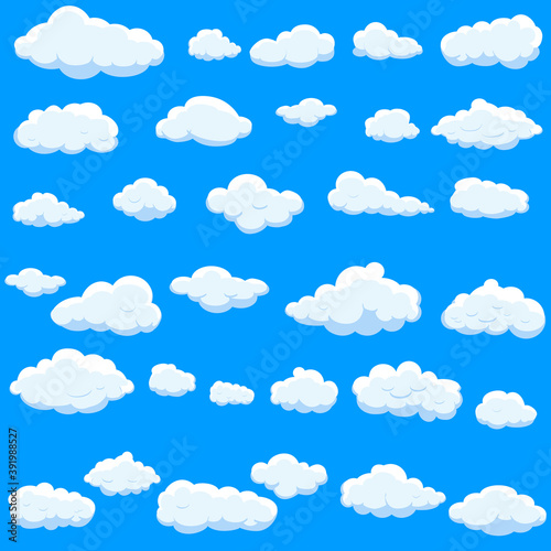 White cartoon clouds set isolated on blue background. Collection of different cartoon clouds for background template, wallpaper and sky design. Cartoon clouds vector. Sky illustration