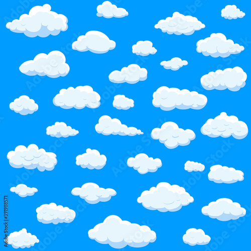 White cartoon clouds set isolated on blue background. Collection of different cartoon clouds for background template, wallpaper and sky design. Cartoon clouds vector. Sky illustration