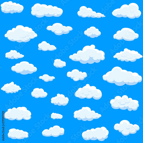 White cartoon clouds set isolated on blue background. Collection of different cartoon clouds for background template, wallpaper and sky design. Cartoon clouds vector. Sky illustration