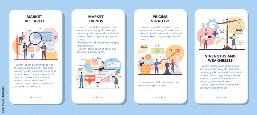 Market mobile application banner set. Marketing strategy and communucation