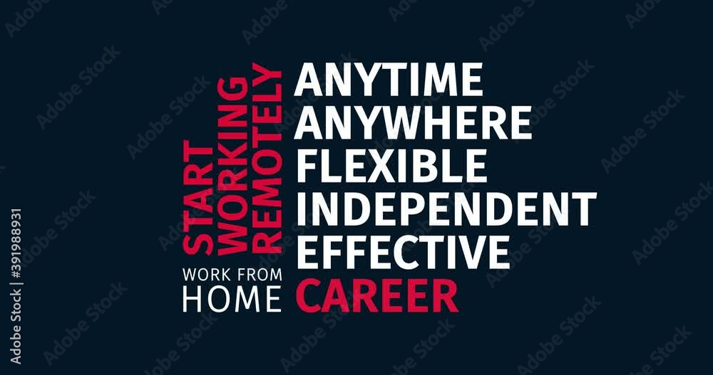 Work from home. Start working remotely. Animated word cloud text. Kinetic typography Animation.
