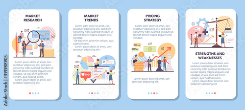 Market mobile application banner set. Marketing strategy and communucation