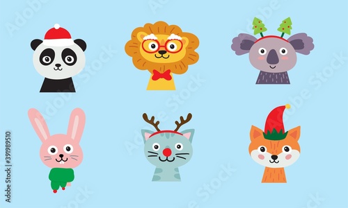 Cute animals wearing Christmas accessories. Colorful characters - fox, cat, panda, lion, koala, hare