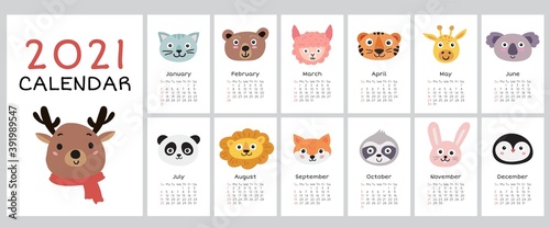 2021 calendar with cute animal faces. Yearly planner calendar with all months.