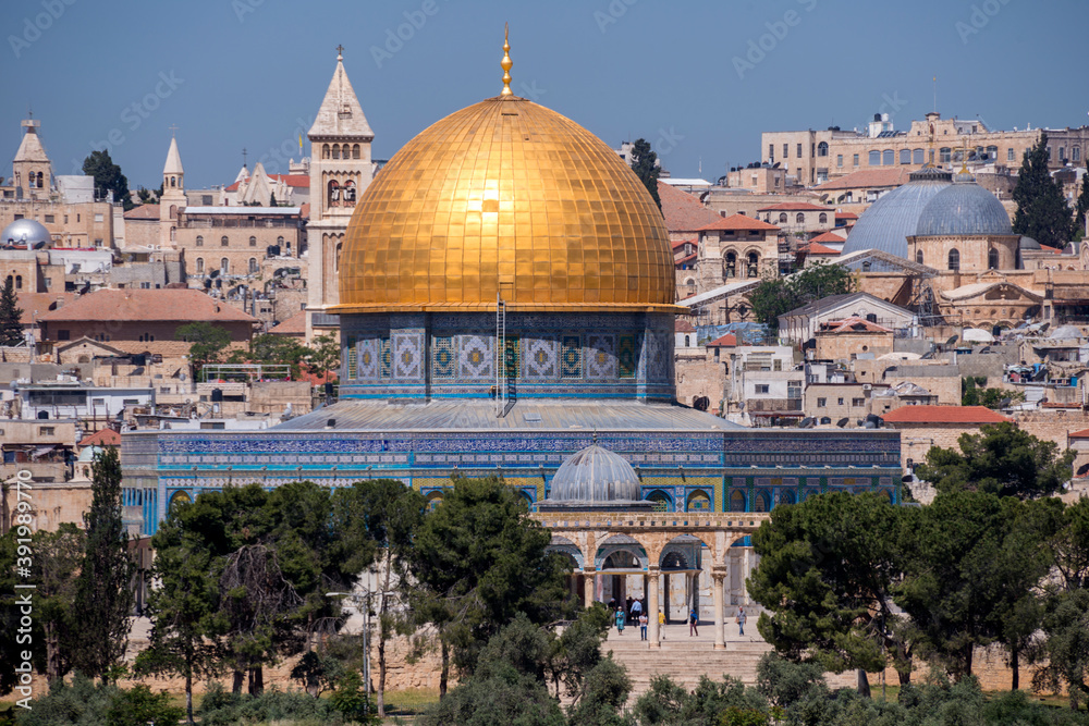 Vista de Jerusalén y cúpula del Templo de la Roca, en Israel