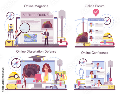 Speleologist online service or platform set. Scientst exploring deep