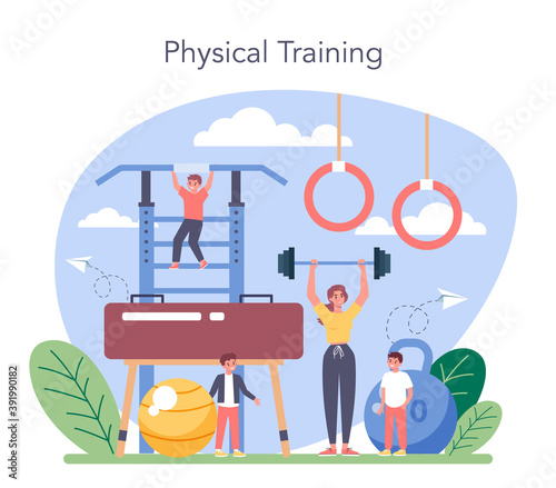 Physical education or school sport class concept. Students doing