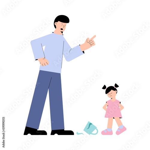 Frustrated father screams at little daughter over a broken cup isolated on white background. Problems of parenting concept - stressed parents and child. Flat design vector illustration