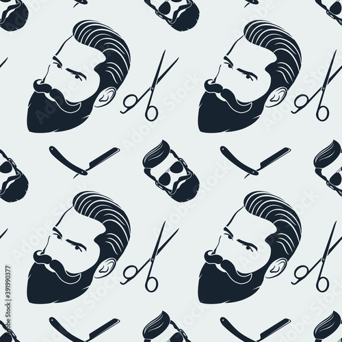 Barbershop seamless pattern with hipster face, hairdressing scissors and razor. Vector illustration.	