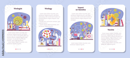 Virologist mobile application banner set. Scientist studies viruses