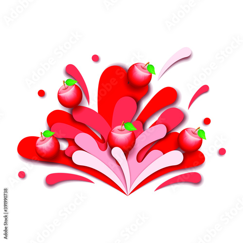 Abstract Paper Cut Ilustration Water Splash Drops Color Red With Apples Background Vector Design Style