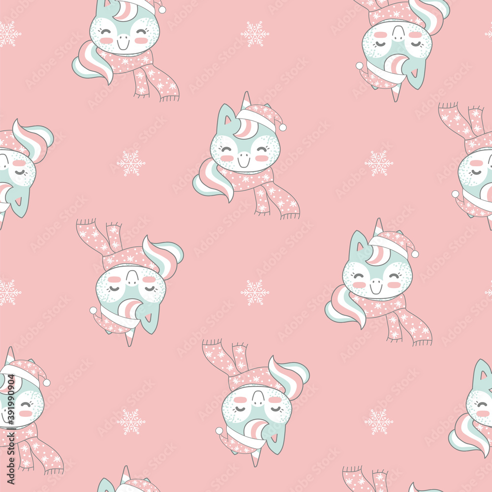 Seamless pattern vector Merry Christmas unicorn on pink
