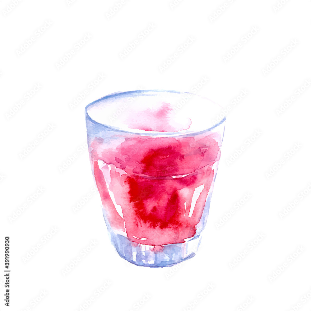 Hand drawn watercolor food and drink illustration. Tropical fruit pink cocktail smoothie in a glass with straw. For menu background. Hand drawn watercolor food and drink illustration. Tropical fruit pink cocktail smoothie in a glass with straw. For menu background.