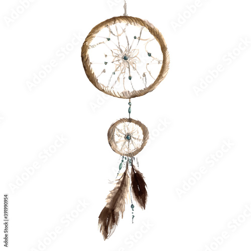 Hand drawn watercolor dreamcatcher with bird feathers and beads