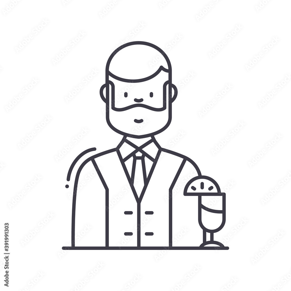 Bartender in bar icon, linear isolated illustration, thin line vector, web design sign, outline concept symbol with editable stroke on white background. Bartender in bar icon, linear isolated illustration, thin line vector, web design sign, outline concept symbol with editable stroke on white background.