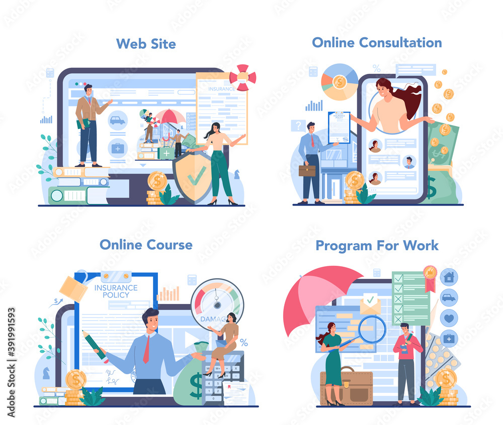 Insurance agent online service or platform set. Idea of protection Insurance agent online service or platform set. Idea of protection