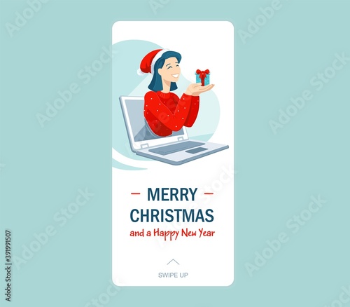 Smiling girl in Santa hat holds a present greeting her family or friends during online call social media story template. Celebrating winter holidays remotely amid the coronavirus pandemic