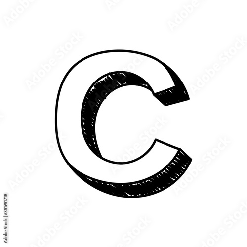 C letter hand-drawn symbol. Vector illustration of a big English letter C. Hand-drawn black and white Roman alphabet letter C typographic symbol. Can be used as a logo, icon