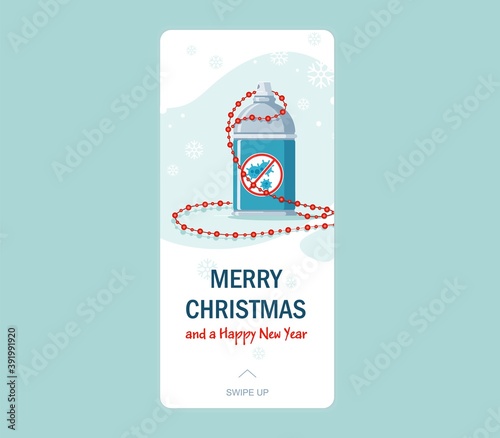 Merry Christmas and Happy New Year vector social media story template with a sanitizer. Entry into the winter season and celebrating winter holidays amid the coronavirus epidemic