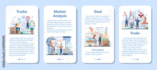 Trader, financial investment mobile application banner set. Stock