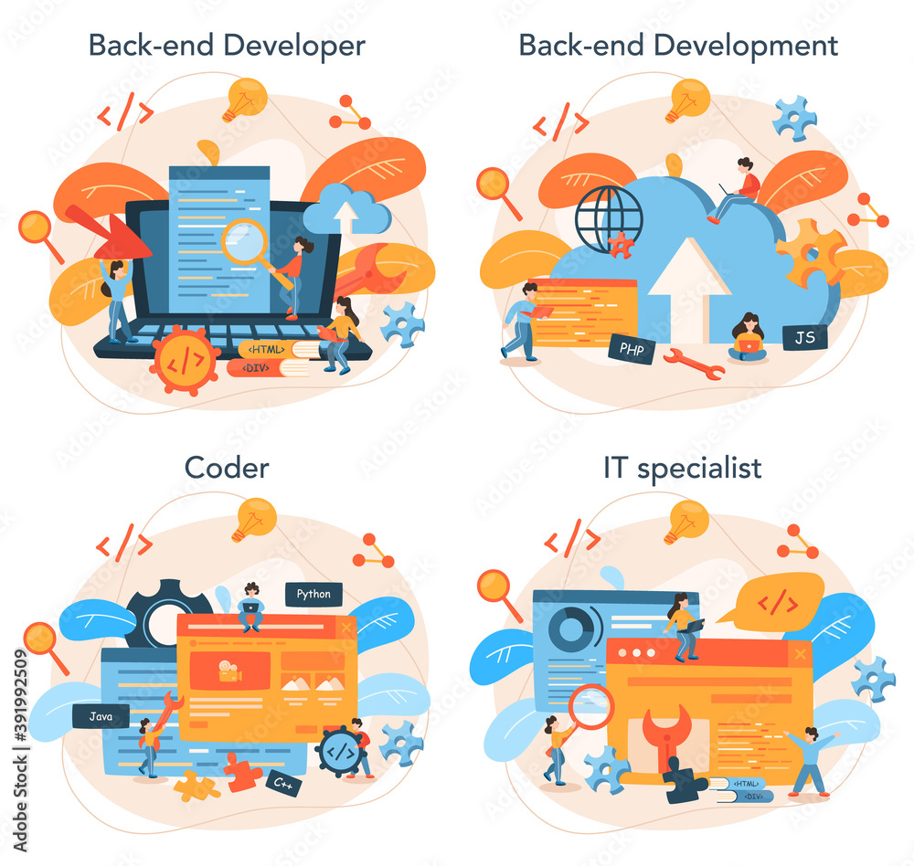 Back end development concept set. Software development process. Back end development concept set. Software development process.