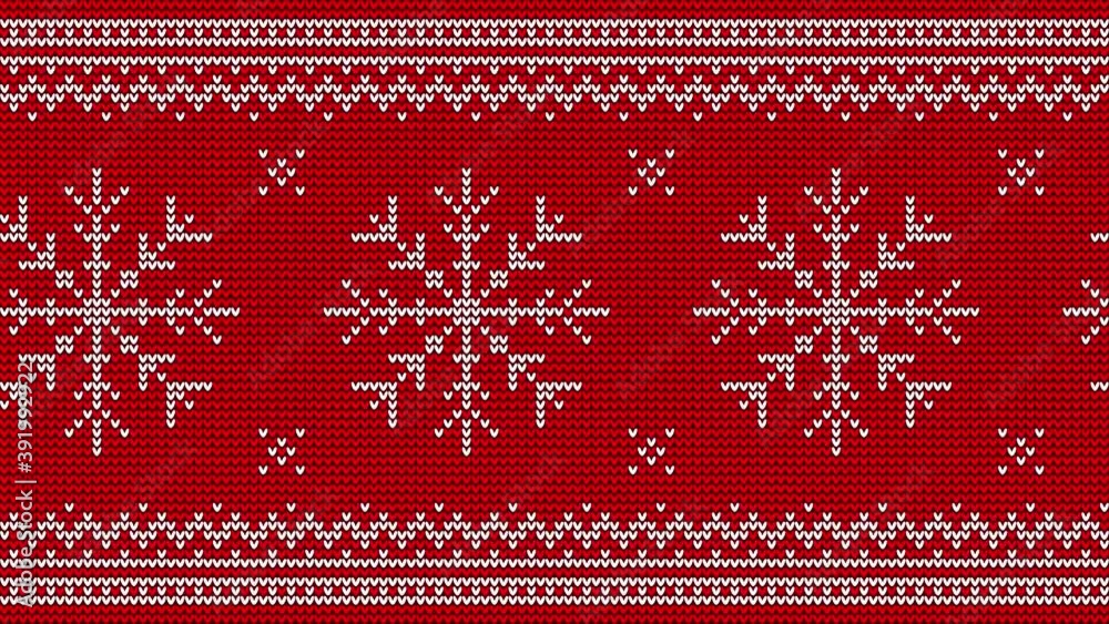 Christmas nordic video pattern. Knitted red background with snowflakes and ornament. Looped animation.