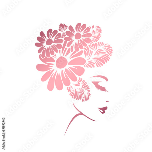 Beautiful woman wearing a flower wig and lipstick on her lips.Makeup, fashion and style vector icon.Beauty salon logo isolated on light background.Shiny pink color.Profile view lady face.