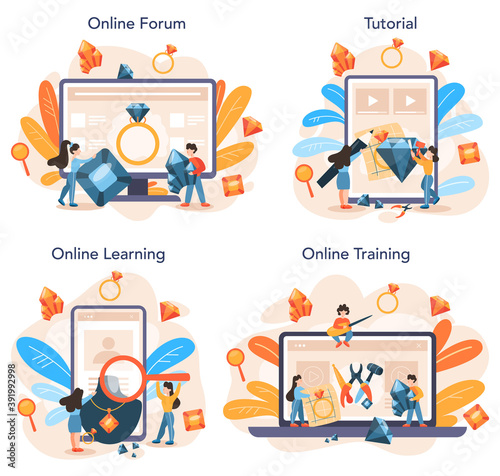 Jeweler and jewelry online service or platform set. Idea of creative