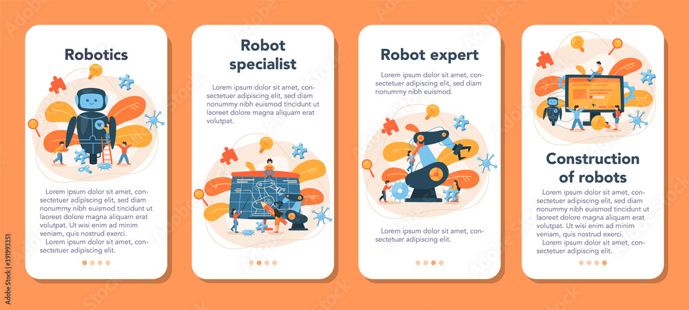 Naklejka premium Roboticist mobile application banner set. Robotic engineering