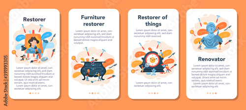 Restorer mobile application banner set. Artist restores an ancient