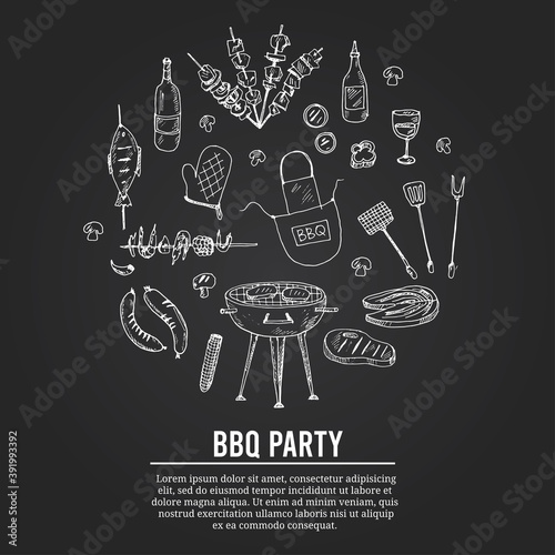 Bbq party set Menu doodle icons on chalkboard. Vector illustration