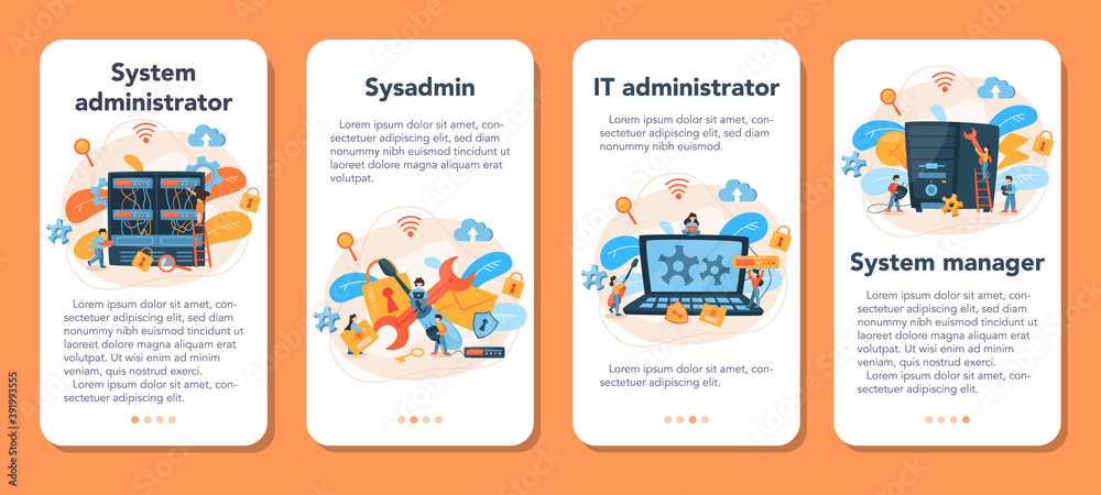 System administrator mobile application banner set. People working