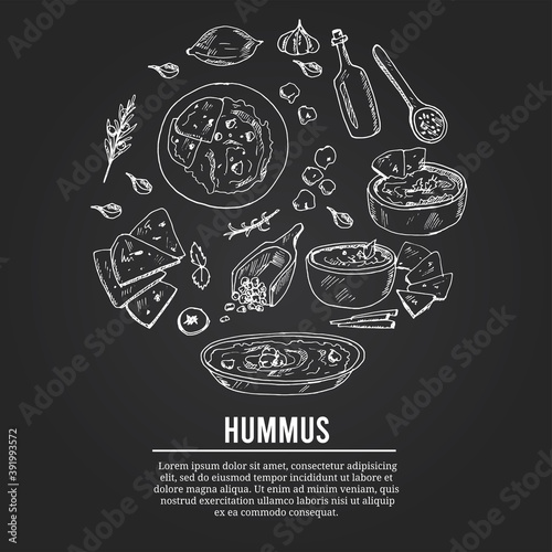 Hummus set with food and drink hand drawn doodles. Vector illustration