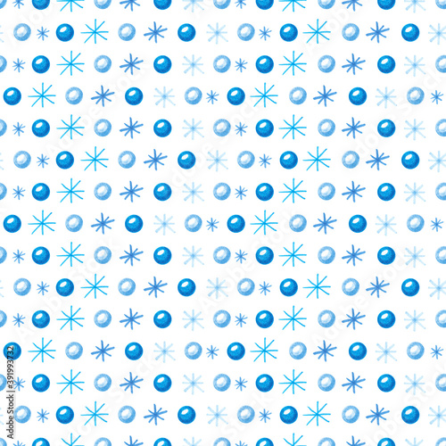 Seamless winter pattern of snowballs and blue snowflakes, create a zigzag background. 