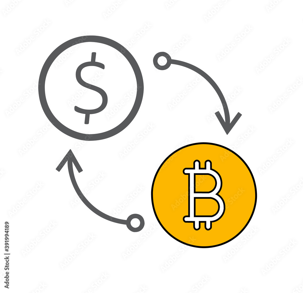 Flat icon of currency exchange dollar to bitcoin isolated on white background