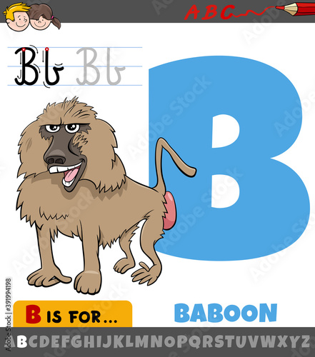 letter B worksheet with cartoon baboon animal