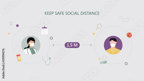 Man and woman character wearing surgical or medical face mask maintain social distancing to prevent from virus spreading and flu prevention. coronavirus, social isolation and self quarantine concept.