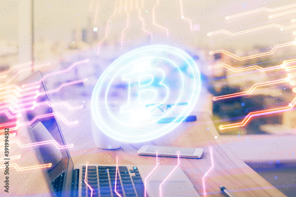 Fototapeta premium Double exposure of blockchain theme hologram and table with computer background. Concept of bitcoin crypto currency.
