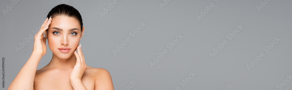 beautiful woman posing isolated on grey, banner beautiful woman posing isolated on grey, banner