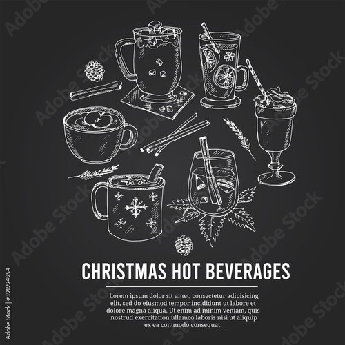 Christmas hot beverages set with food and drink hand drawn doodles. Vector illustration
