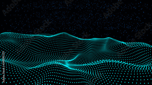 Particle placement with hanging dots in space. Wave of particles. Wave with dots. Space abstract. Landscape background . Abstract gradient dynamic wave of particles. Vector illustration