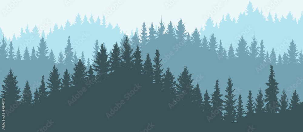 Obraz premium Forest in mountains, silhouette. Beautiful landscape. Vector illustration.