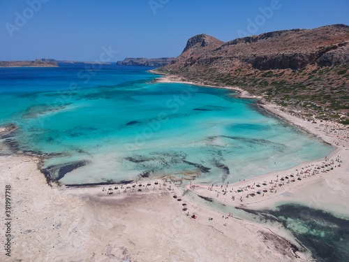 Aerial view on beach in Balos lagoon on the western side of Crete island, Greece.